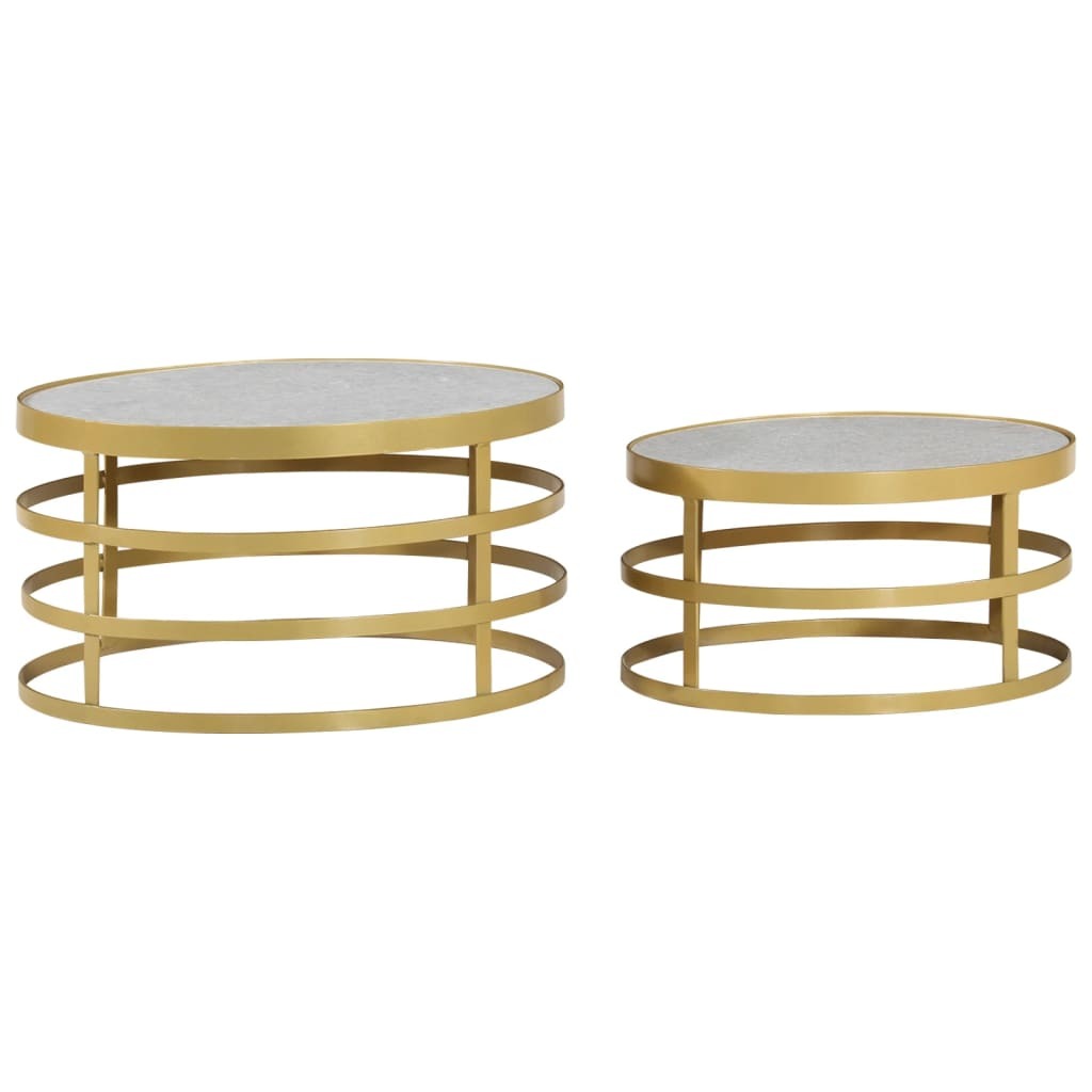 Coffee Table Set of 2 Brass and White Marble, Steel Small