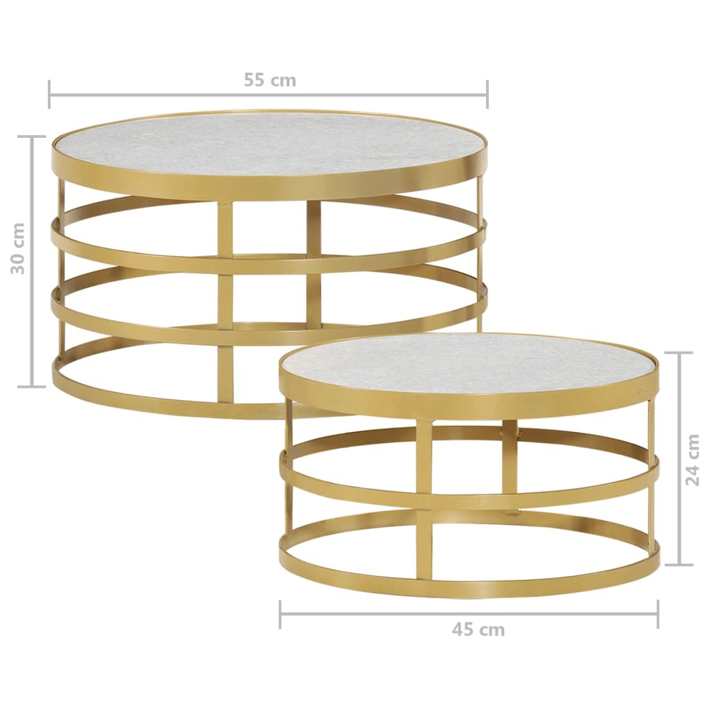 Coffee Table Set of 2 Brass and White Marble, Steel Small