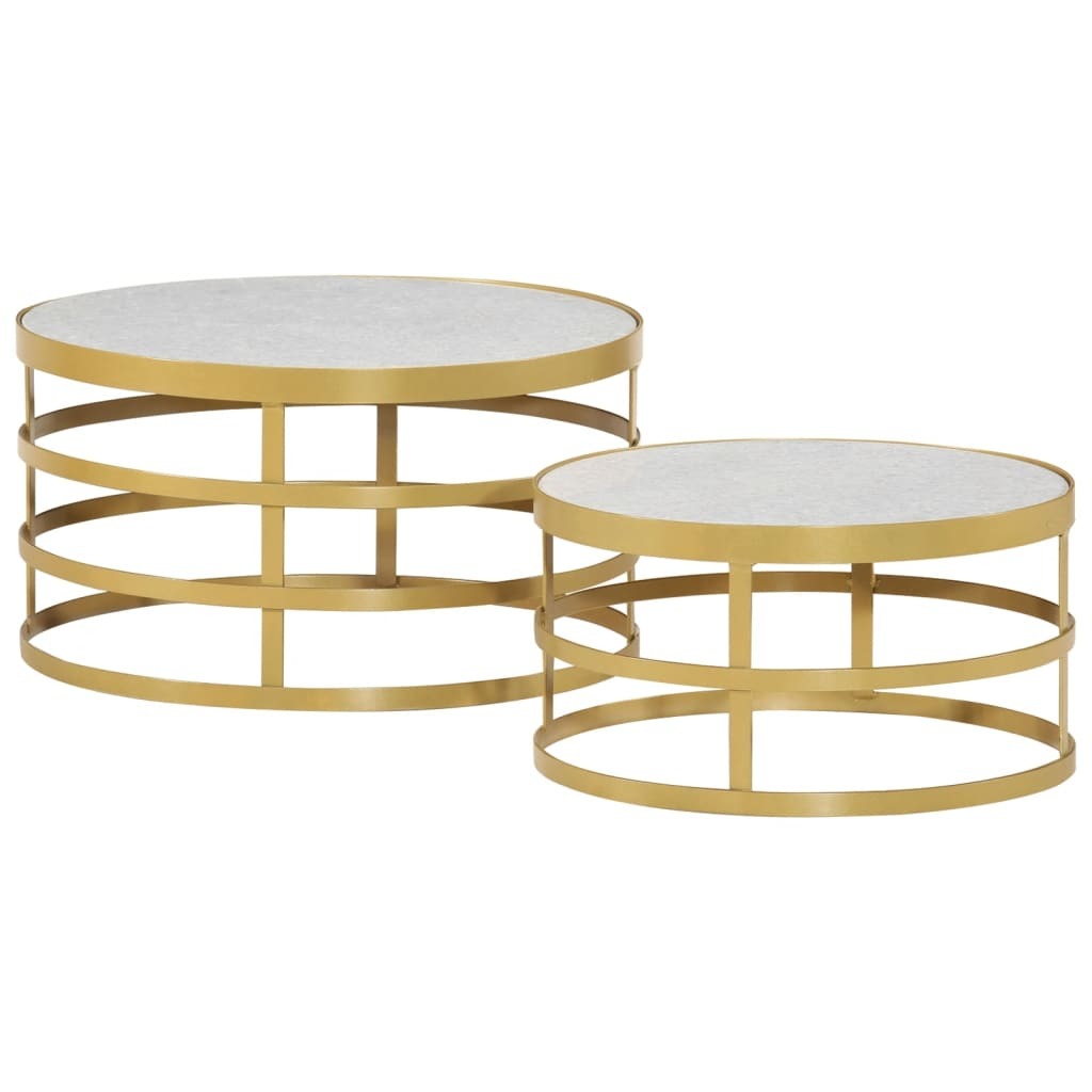 Coffee Table Set of 2 Brass and White Marble, Steel Small