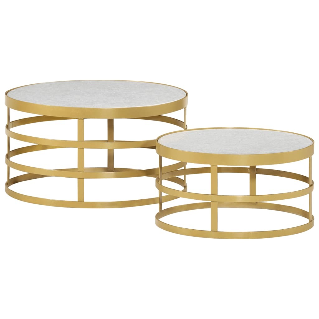Coffee Table Set of 2 Brass and White Marble, Steel Small