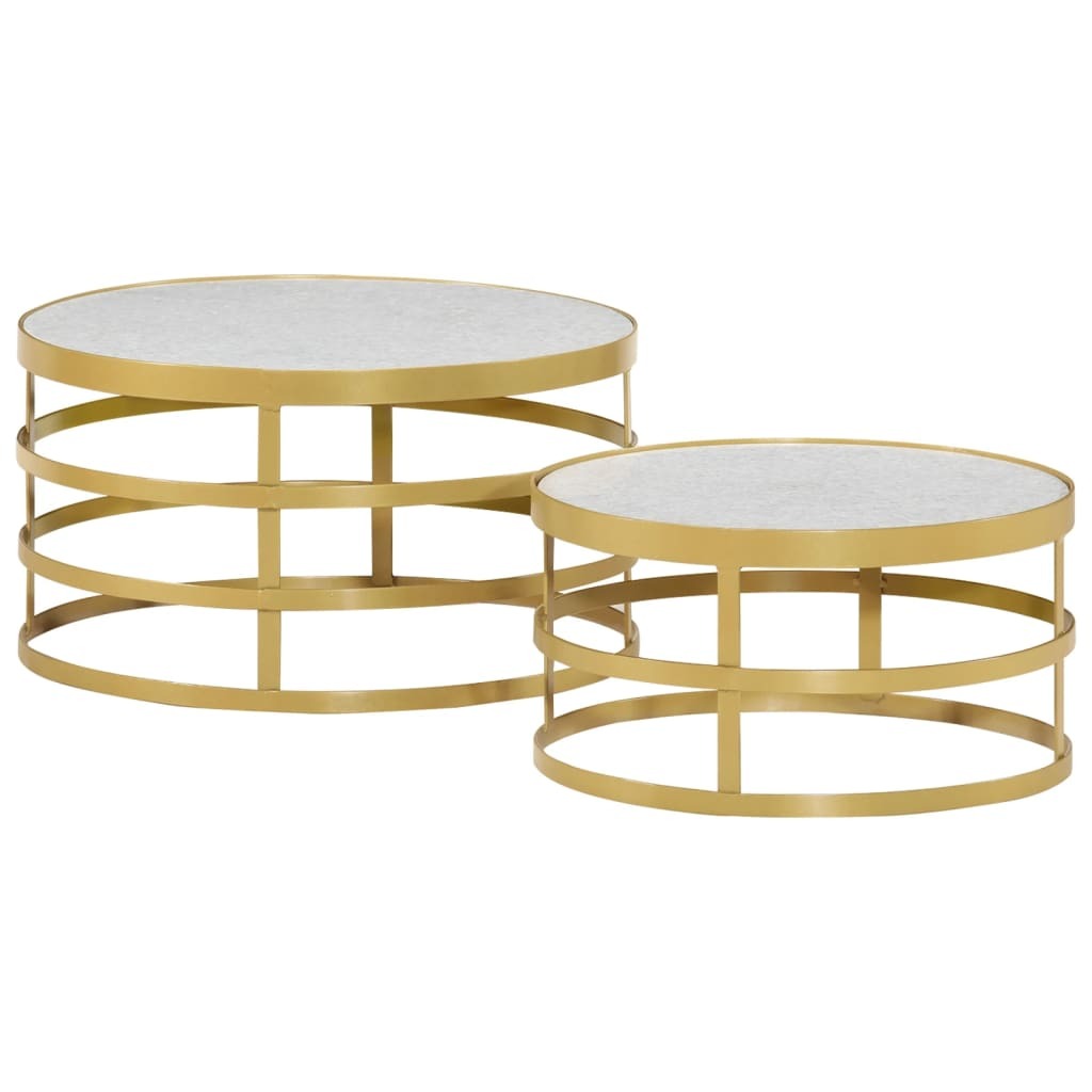 Coffee Table Set of 2 Brass and White Marble, Steel Small