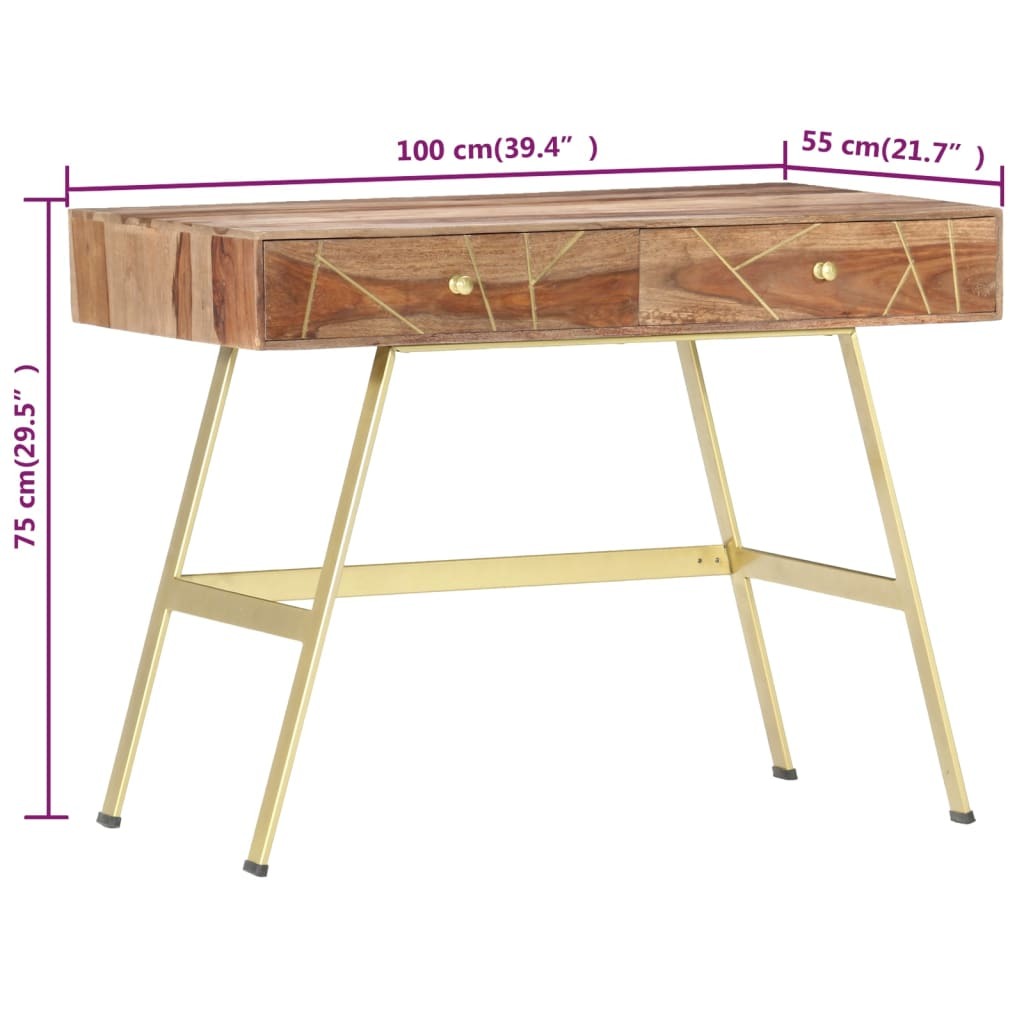 Writing Desk Natural and brass Solid Acacia wood