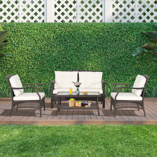 4 Pieces Outdoor Rattan Conversation Set with Protective Cover - Color: Espresso
