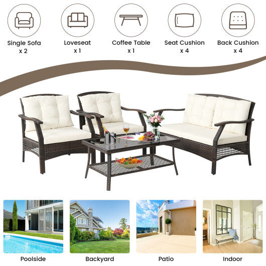 4 Pieces Outdoor Rattan Conversation Set with Protective Cover - Color: Espresso