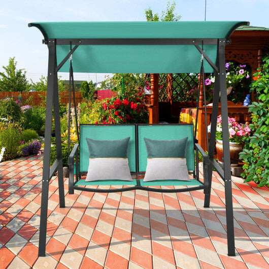 2 Person Patio Swing with Weather Resistant Glider and Adjustable Canopy-Green - Color: Green