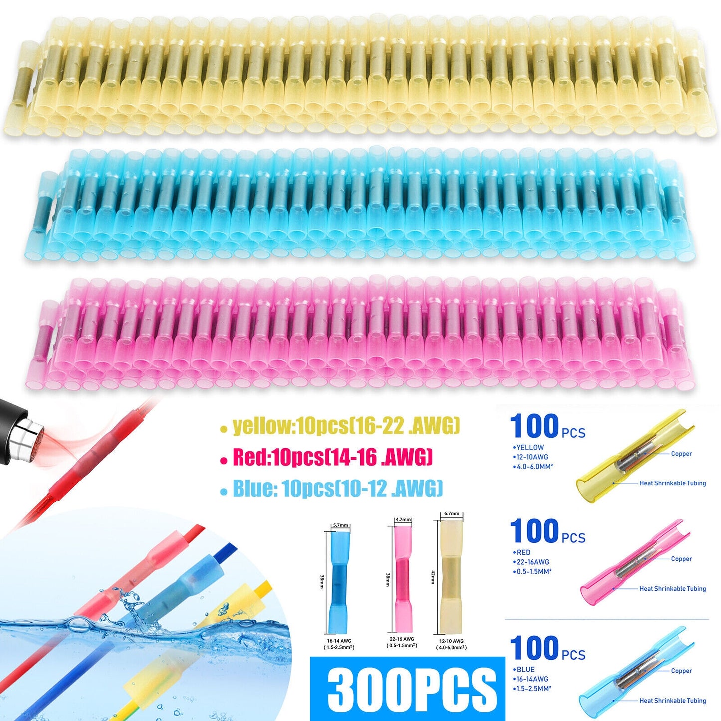 300Pcs Heat Shrink Butt Connectors Kit Insulated Waterproof Electrical Wire Crimp Terminals Butt Splice (3 Colors / 3 Sizes) as shown