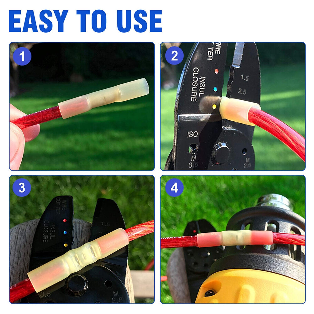 300Pcs Heat Shrink Butt Connectors Kit Insulated Waterproof Electrical Wire Crimp Terminals Butt Splice (3 Colors / 3 Sizes) as shown