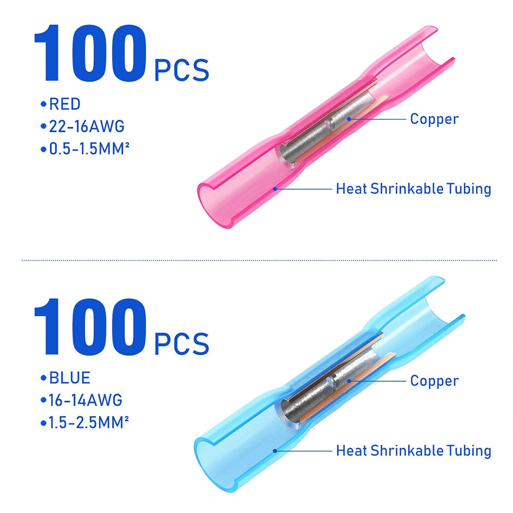 300Pcs Heat Shrink Butt Connectors Kit Insulated Waterproof Electrical Wire Crimp Terminals Butt Splice (3 Colors / 3 Sizes) as shown