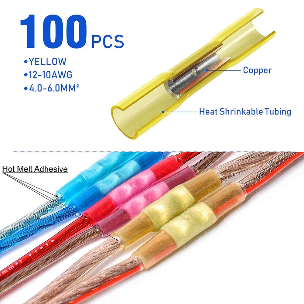 300Pcs Heat Shrink Butt Connectors Kit Insulated Waterproof Electrical Wire Crimp Terminals Butt Splice (3 Colors / 3 Sizes) as shown