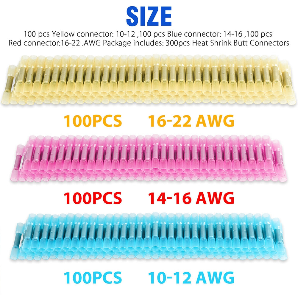 300Pcs Heat Shrink Butt Connectors Kit Insulated Waterproof Electrical Wire Crimp Terminals Butt Splice (3 Colors / 3 Sizes) as shown