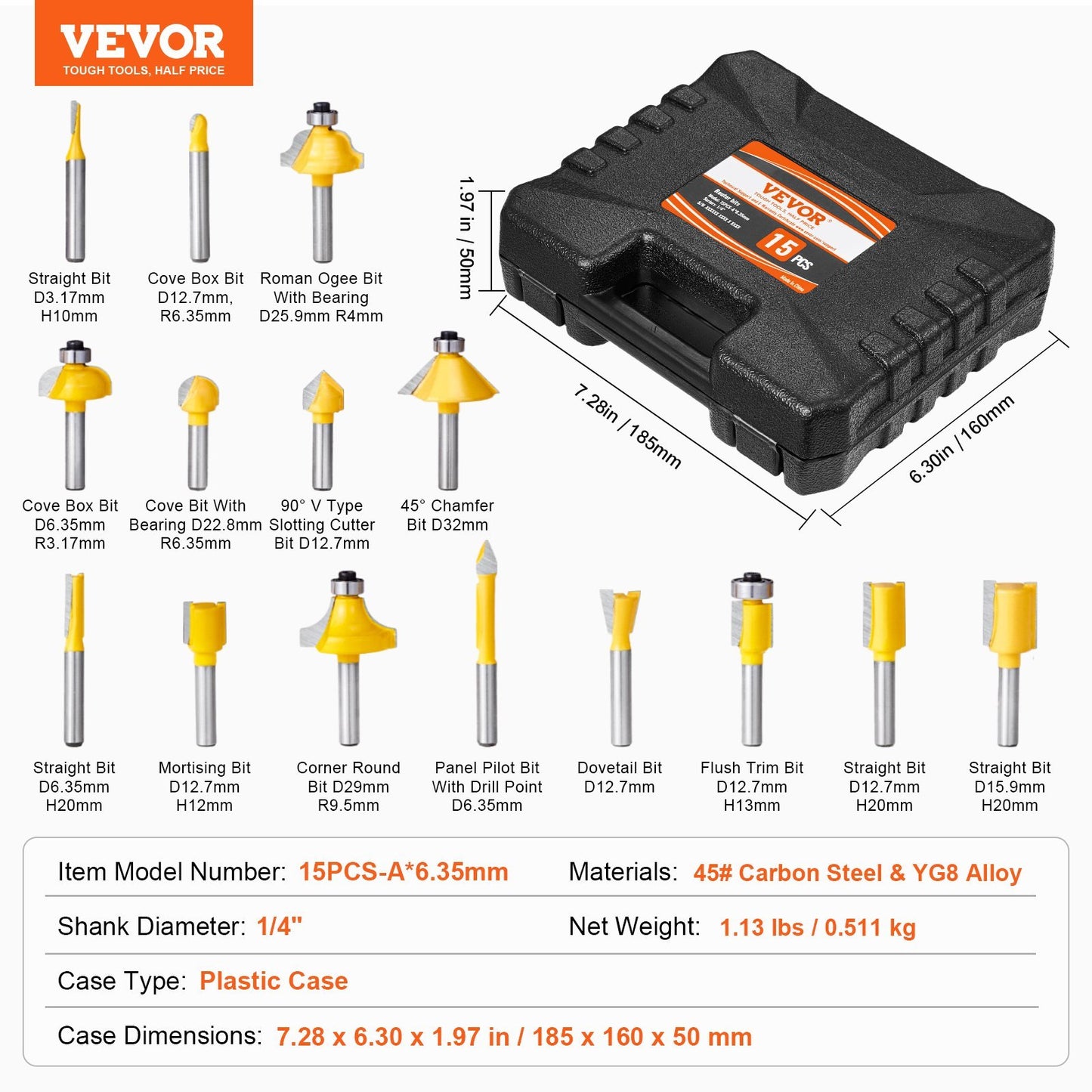 VEVOR Router Bits Set 15 Pieces Carbide Router Bit Shank Carrying Case