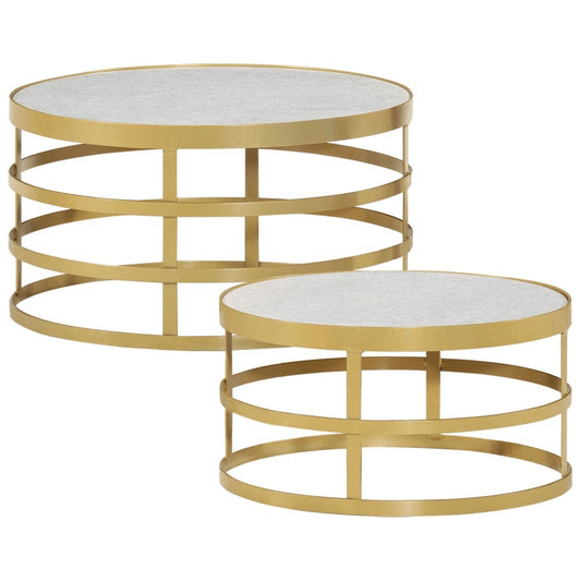 Coffee Table Set of 2 Brass and White Marble, Steel Small