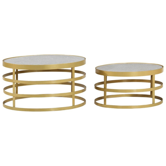 Coffee Table Set of 2 Brass and White Marble, Steel Small