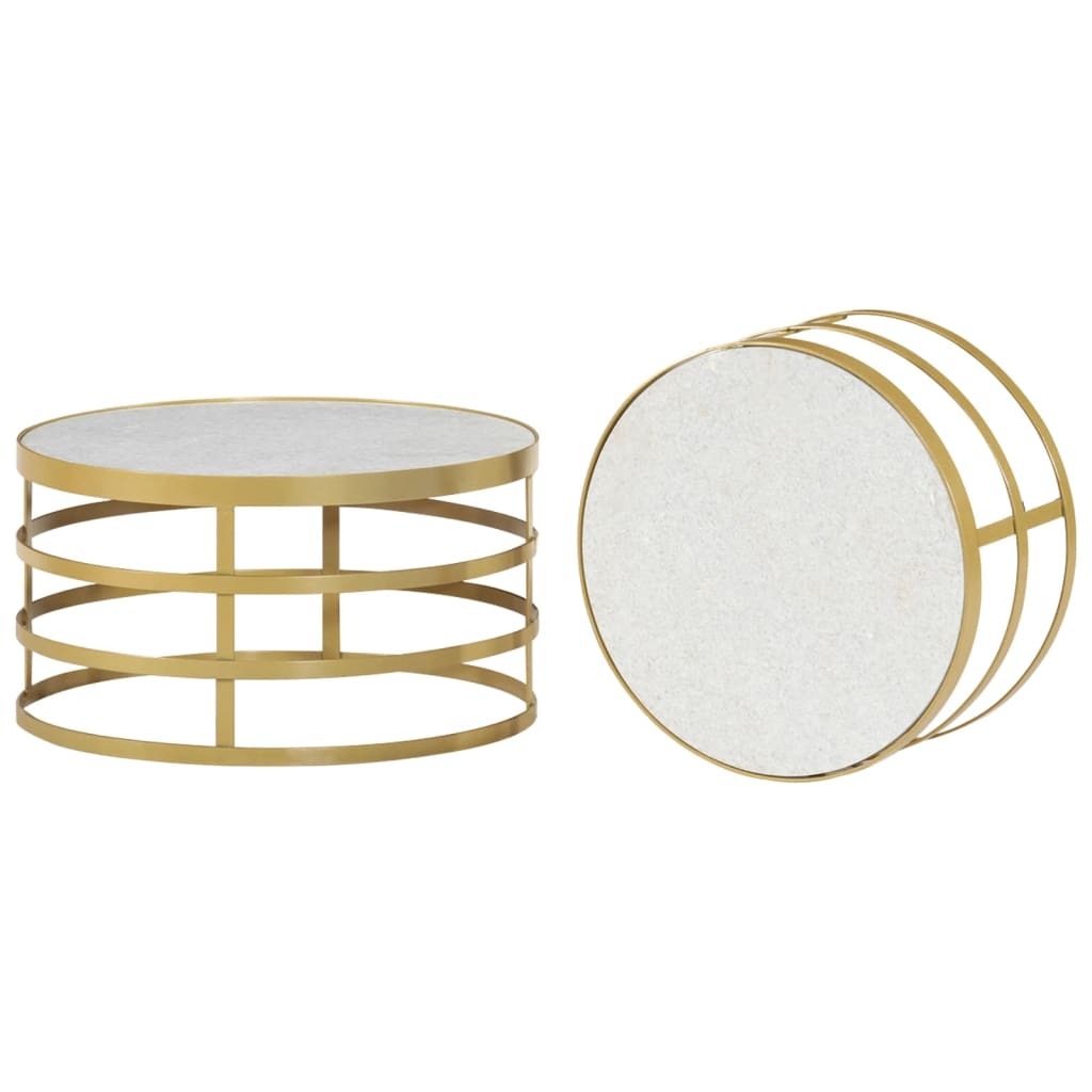 Coffee Table Set of 2 Brass and White Marble, Steel Small