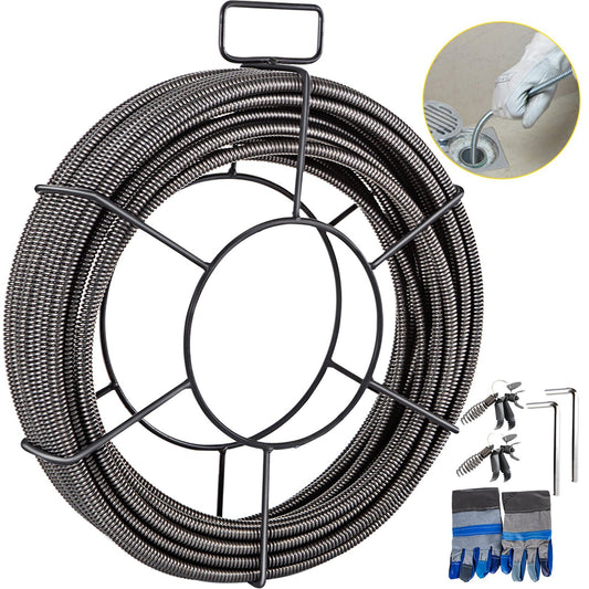 VEVOR Drain Cleaning Cable 100 FT x 3/8 Inch, Solid Core Steel Sewer Cable with 4 Cutter for 2" to 4" Pipes, Sewer Auger Cleaner Cable for Sink, Floor Drain, Toilet