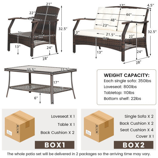 4 Pieces Outdoor Rattan Conversation Set with Protective Cover - Color: Espresso