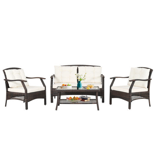 4 Pieces Outdoor Rattan Conversation Set with Protective Cover - Color: Espresso