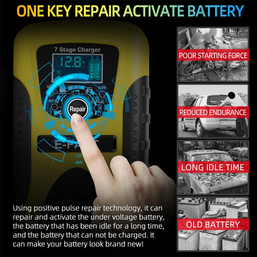 Car Motorcycle Battery Charger 12v 7-stage Multi-battery Mode Lead-acid Battery Charger Repair Maintainer US Plug