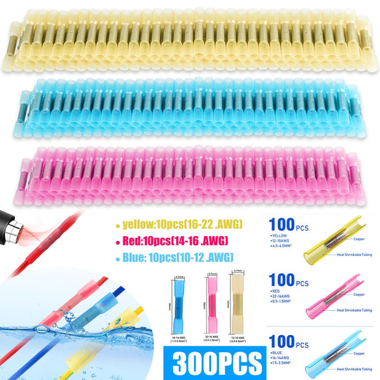 300Pcs Heat Shrink Butt Connectors Kit Insulated Waterproof Electrical Wire Crimp Terminals Butt Splice (3 Colors / 3 Sizes) as shown