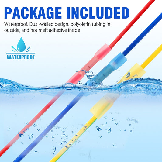 300Pcs Heat Shrink Butt Connectors Kit Insulated Waterproof Electrical Wire Crimp Terminals Butt Splice (3 Colors / 3 Sizes) as shown