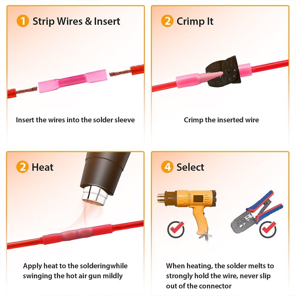 300Pcs Heat Shrink Butt Connectors Kit Insulated Waterproof Electrical Wire Crimp Terminals Butt Splice (3 Colors / 3 Sizes) as shown