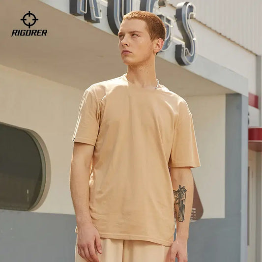 Color: Beige, Size: XXL - RIGORER Unisex Cotton Casual T-Shirt Sports Leisure Breathable Sweat Absorbing Top Solid Color Basketball Training