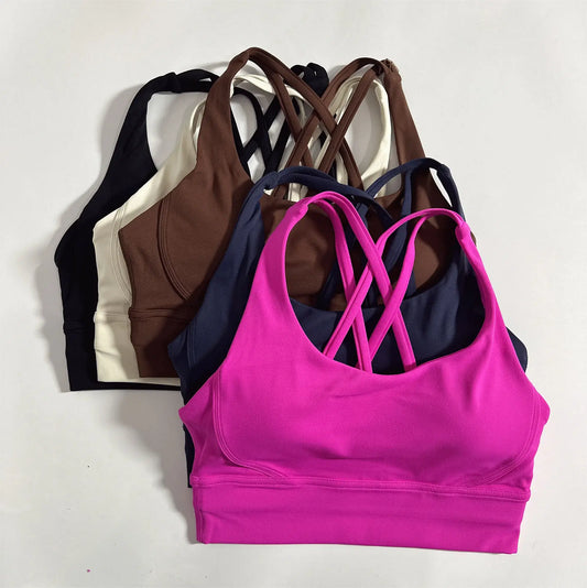 Color: AZURE, Size: M - Solid Color Soft Cross Back Women Fitness Bra Tights Yoga Vest High Strength Shockproof Gym Sports Top Push Up With Chest Pad