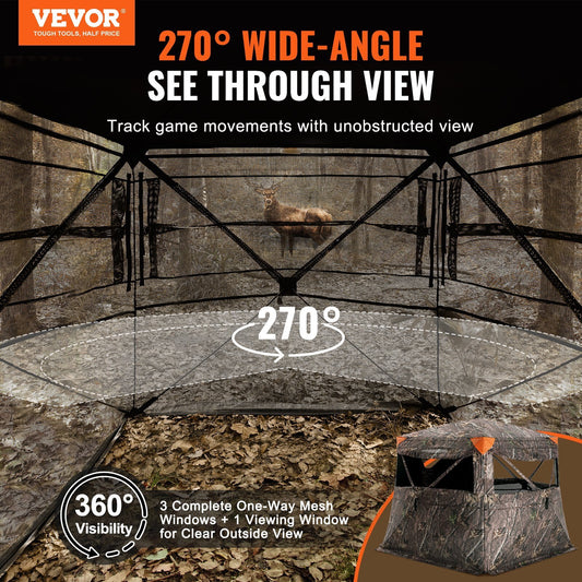 VEVOR Hunting Blind, 270? See Through Ground Blind, 4-5 Person Pop Up Deer Blind for Hunting with Carrying Bag, Portable Resilient Hunting Tent, One-Way See-Through Mesh for Turkey and Deer Hunting