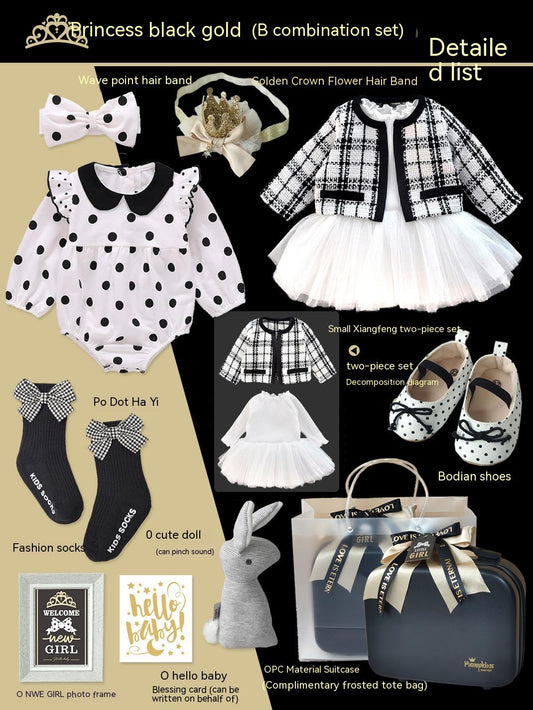 Color: B Combination, Suitable Height: 90 Yards - Baby Gift Package Little Princess Black Gold Dress Polka Dot Set