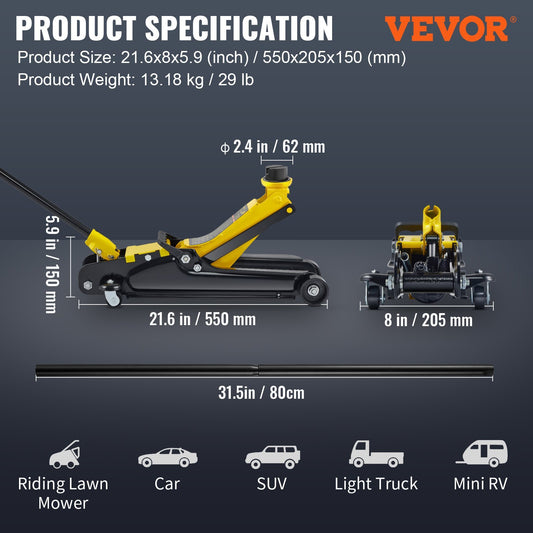 VEVOR Low Profile Floor Jack 2.5 Ton Heavy Steel Single Piston HydraulicPump
